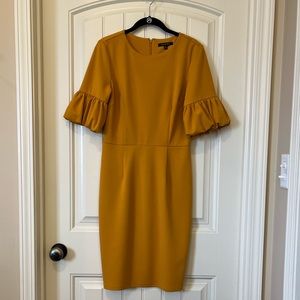 Midi dress with puff sleeves;  Mustard/Gold color; work or social dress